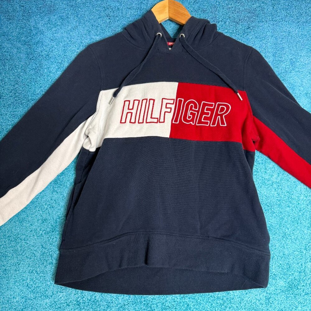 Tommy Hilfiger Hoodie Womens M Blue Hooded Sweatshirt Spellout Flag Logo